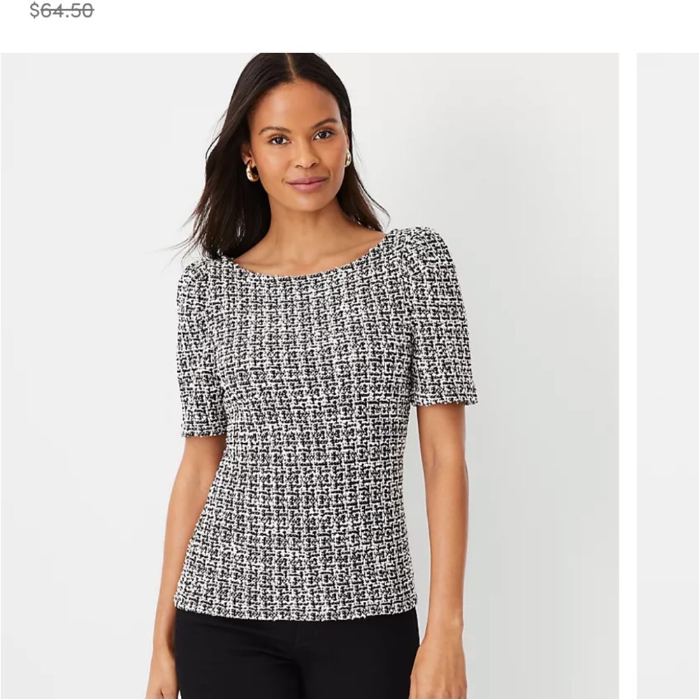 Ann Taylor Boucle Puff Sleeve Top Medium Black & White NWT